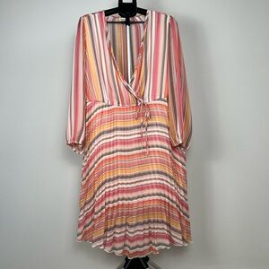 Indigo Rose Striped Wrap Dress Womens 3X Beach Boho Tie Waist Long Sleeve